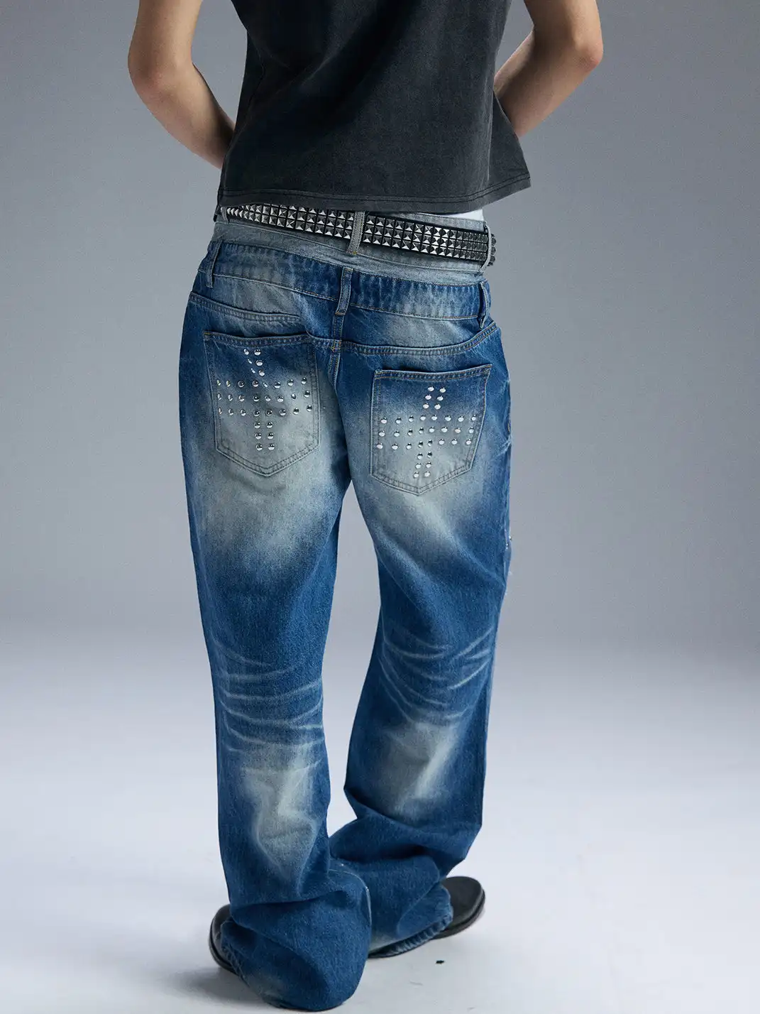 PAIKI | Union Jack Rivet Rhinestone Double Waist Ripped Jeans