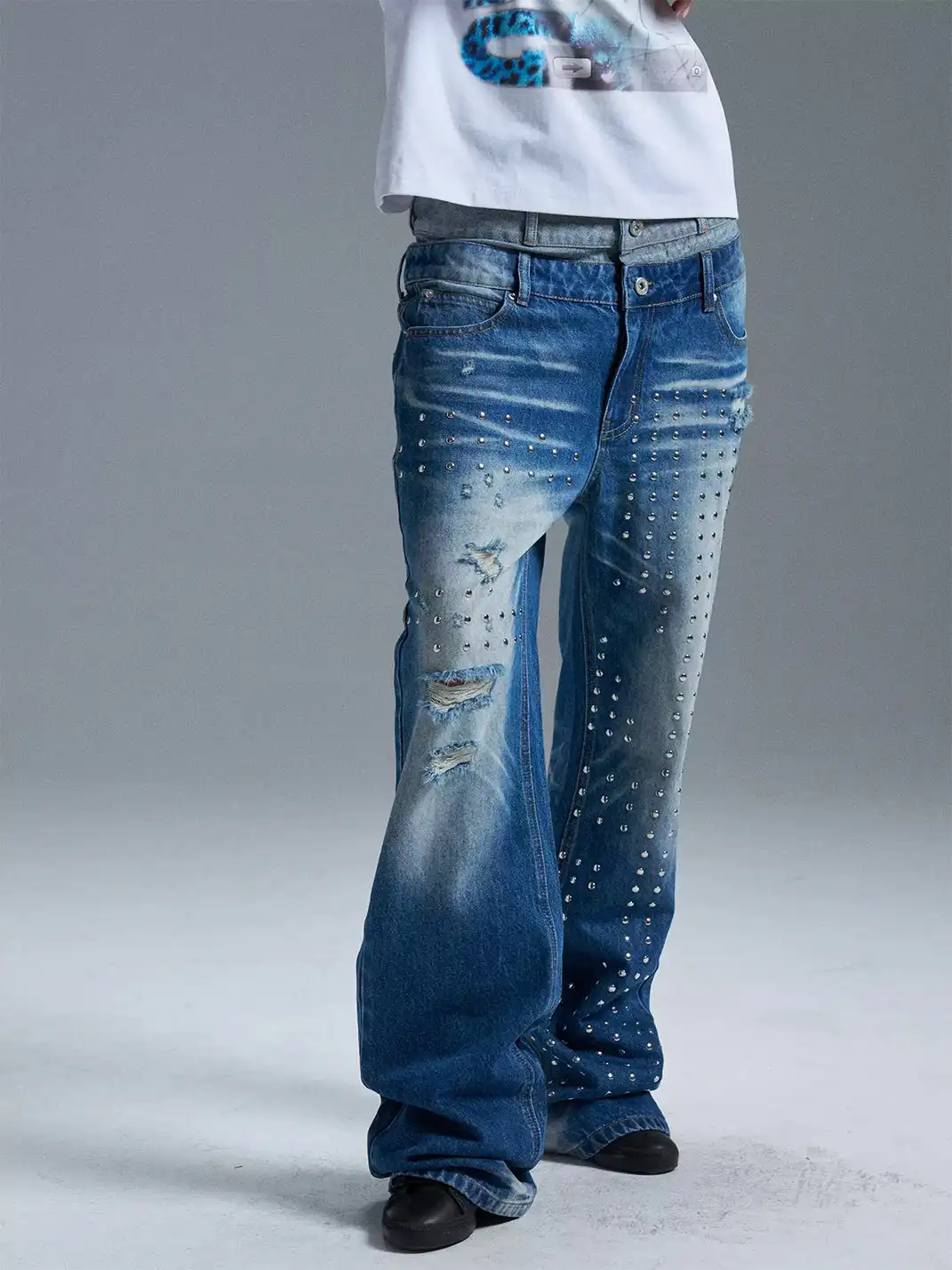 PAIKI | Union Jack Rivet Rhinestone Double Waist Ripped Jeans