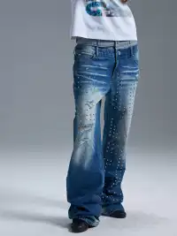 PAIKI | Union Jack Rivet Rhinestone Double Waist Ripped Jeans