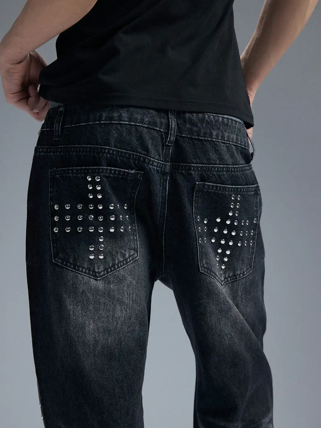 PAIKI | Union Jack Rivet Rhinestone Double Waist Ripped Jeans
