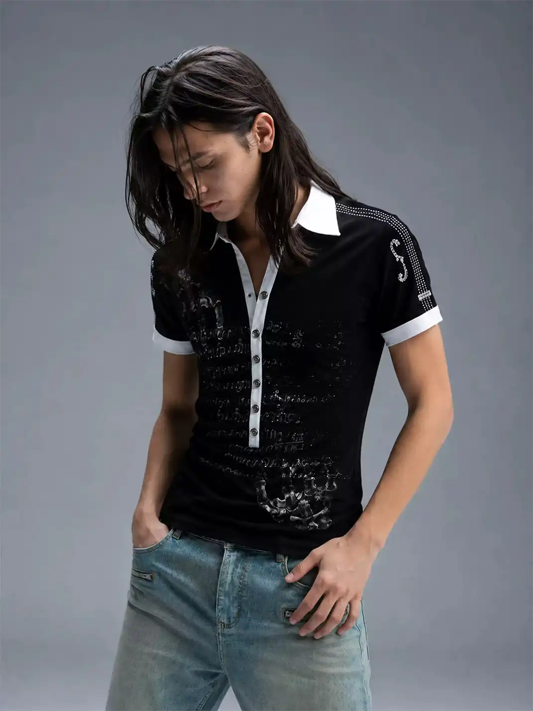 PAIKI | Violin Rhinestone Hotfix Note Polo Shirt