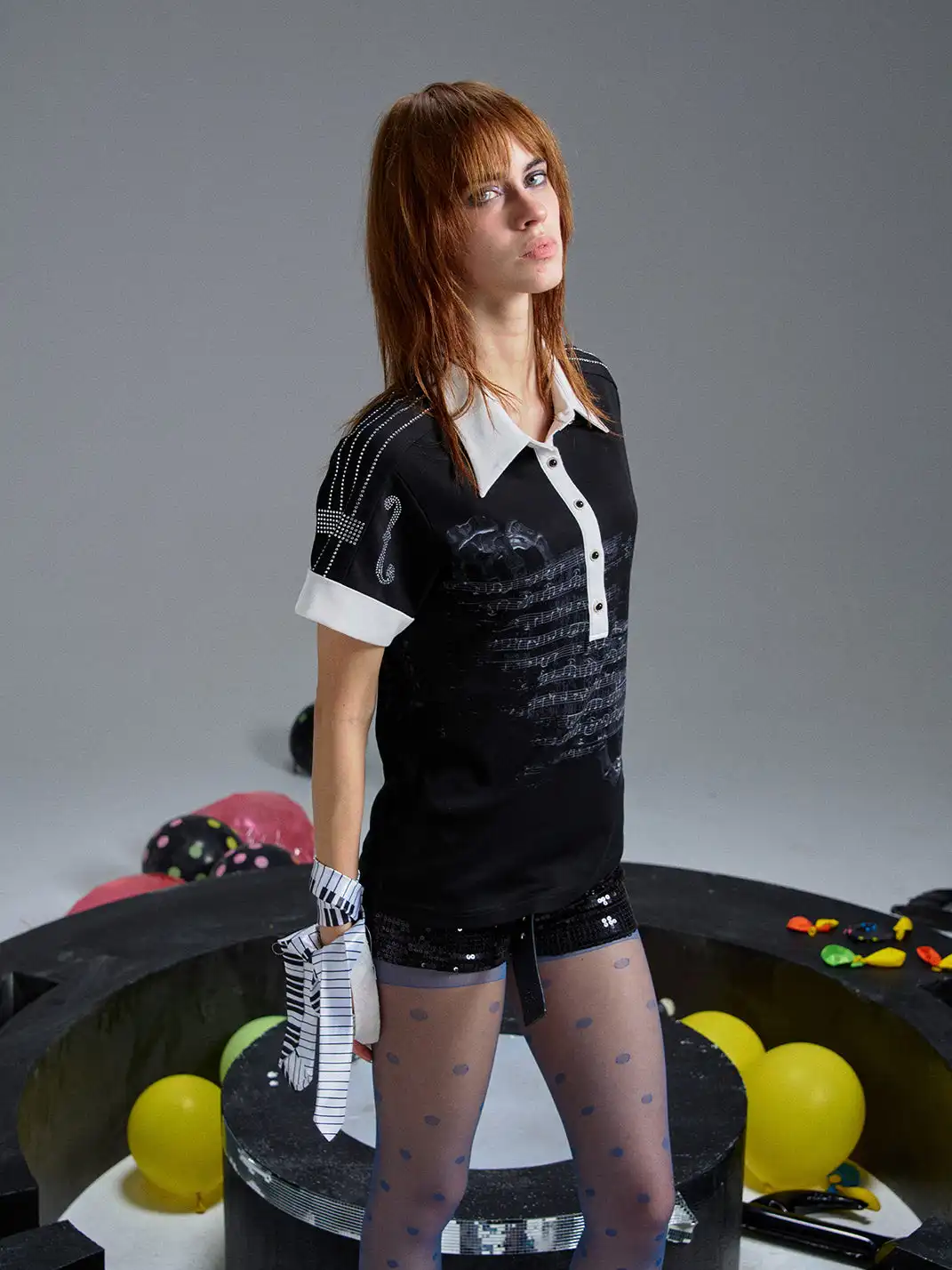PAIKI | Violin Rhinestone Hotfix Note Polo Shirt