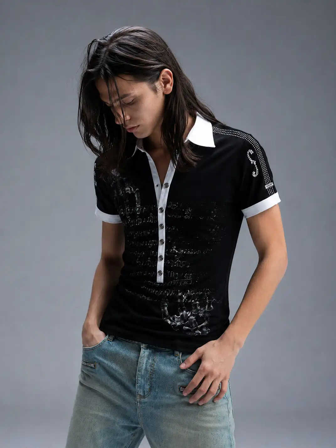 PAIKI | Violin Rhinestone Hotfix Note Polo Shirt