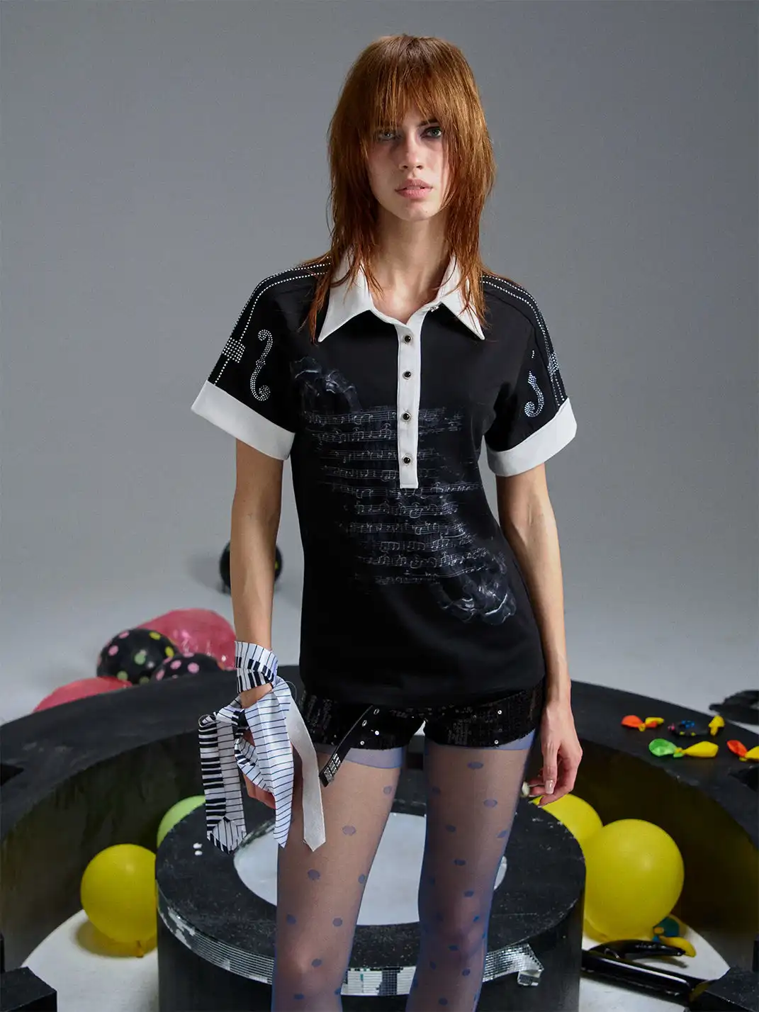 PAIKI | Violin Rhinestone Hotfix Note Polo Shirt
