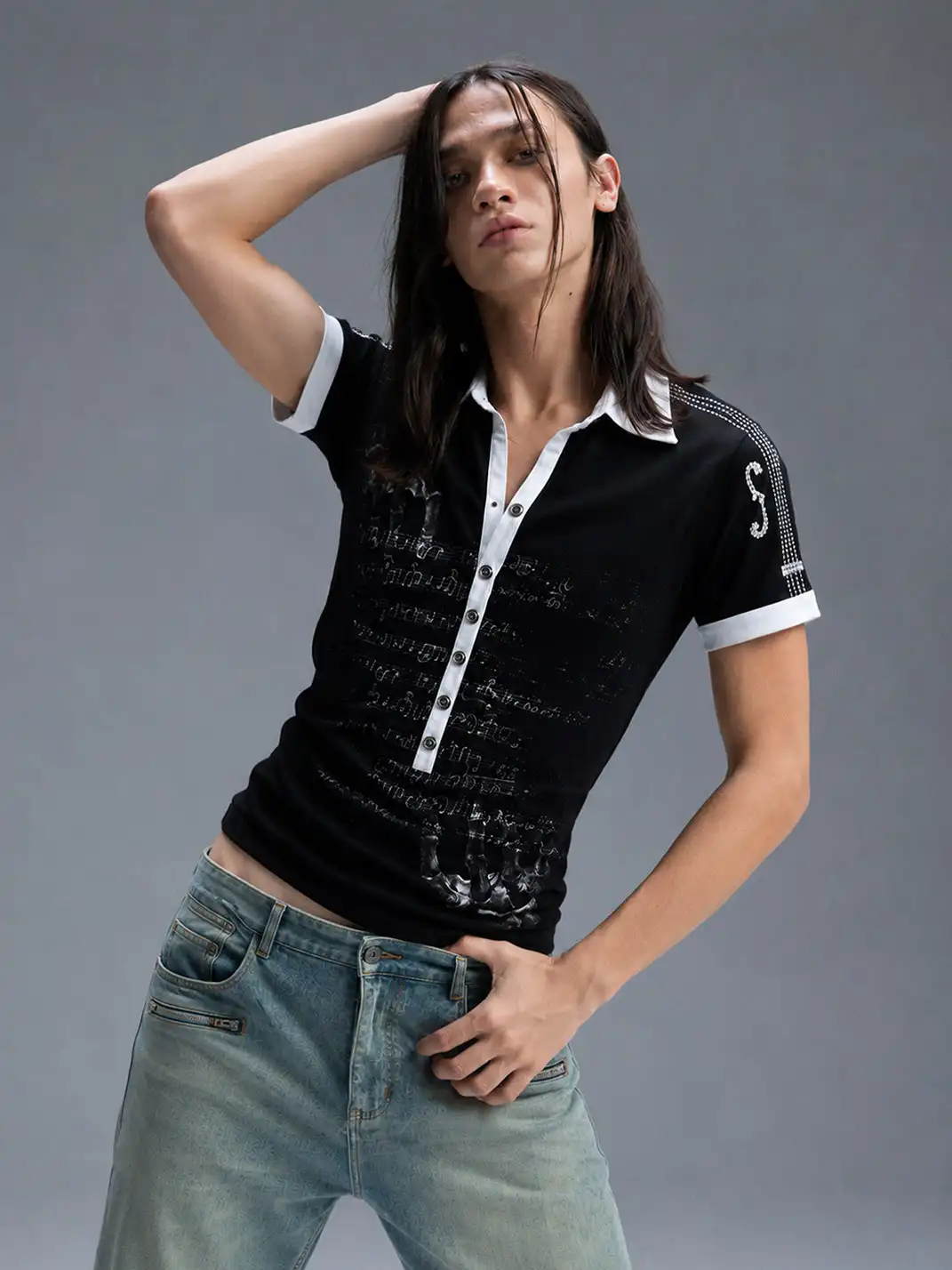 PAIKI | Violin Rhinestone Hotfix Note Polo Shirt