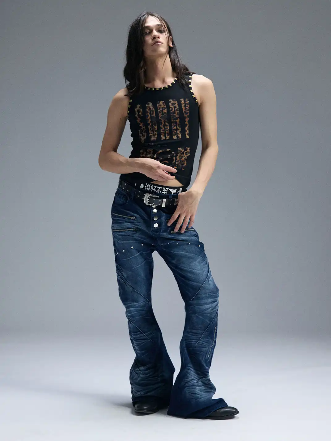 PAIKI | Leopard Print Letter Sleeveless Rivet Tank Top