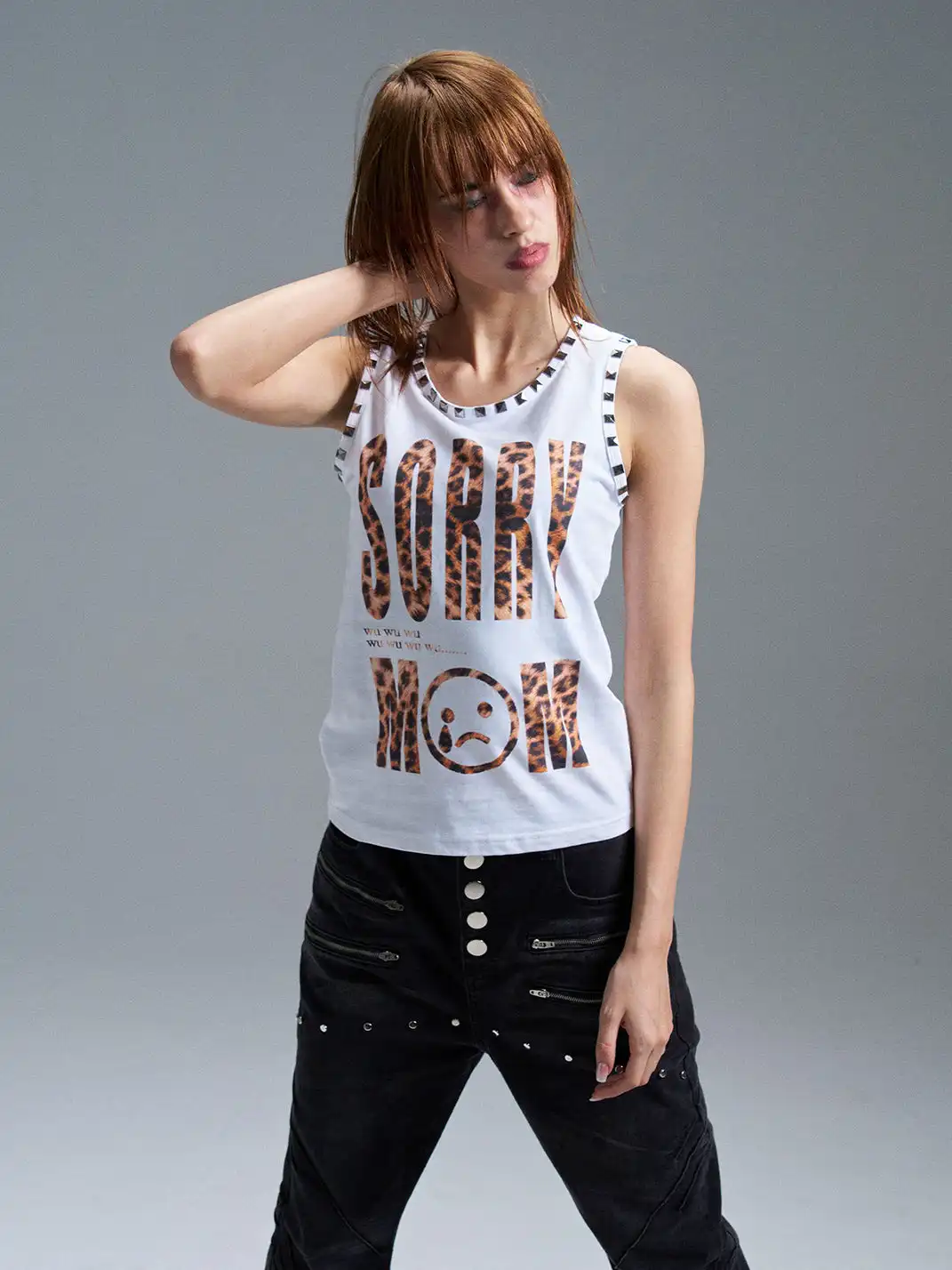 PAIKI | Leopard Print Letter Sleeveless Rivet Tank Top