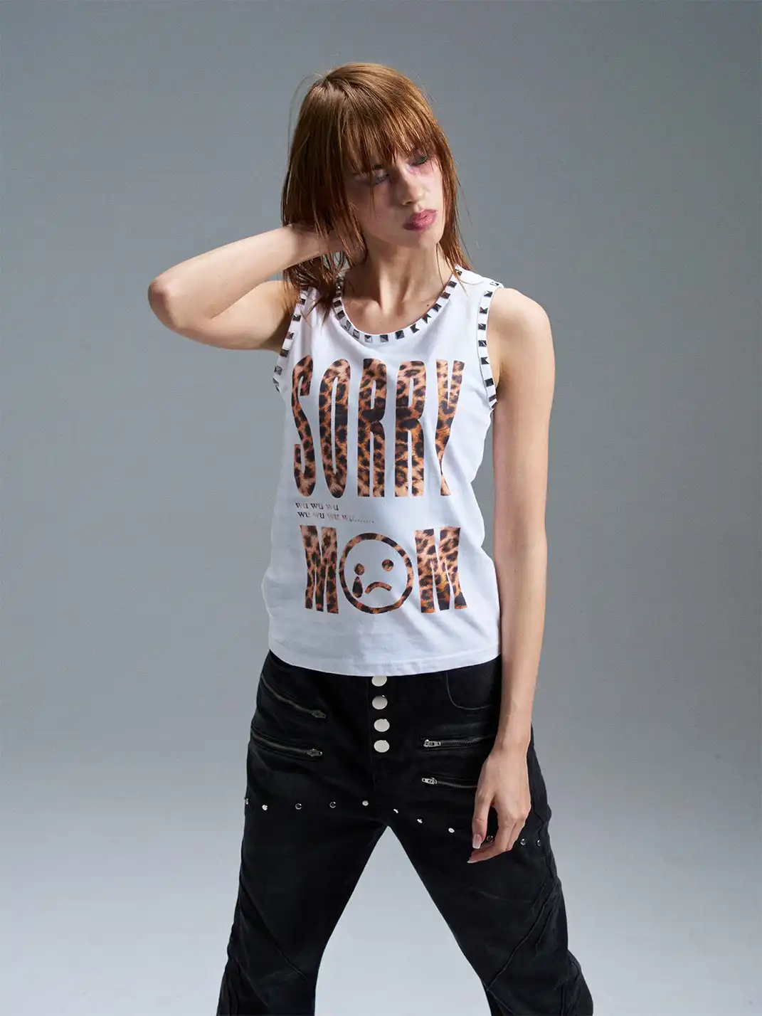 PAIKI | Leopard Print Letter Sleeveless Rivet Tank Top