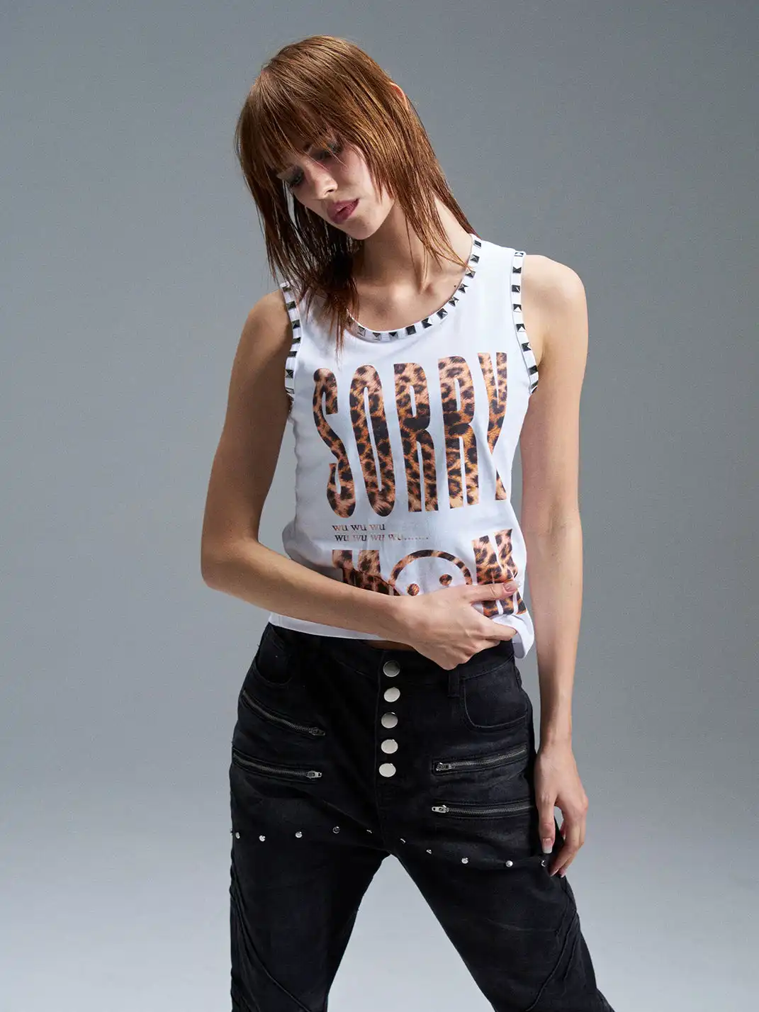 PAIKI | Leopard Print Letter Sleeveless Rivet Tank Top