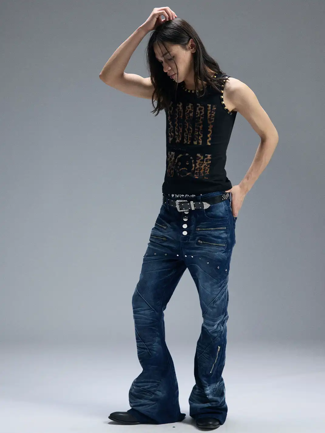 PAIKI | Leopard Print Letter Sleeveless Rivet Tank Top