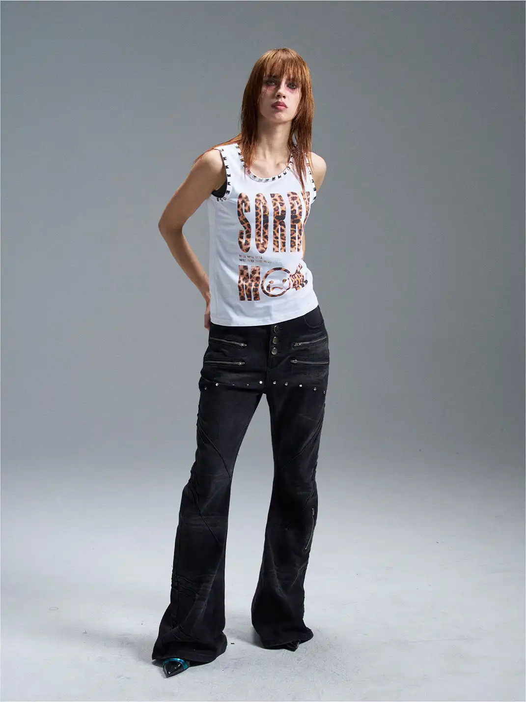 PAIKI | Leopard Print Letter Sleeveless Rivet Tank Top