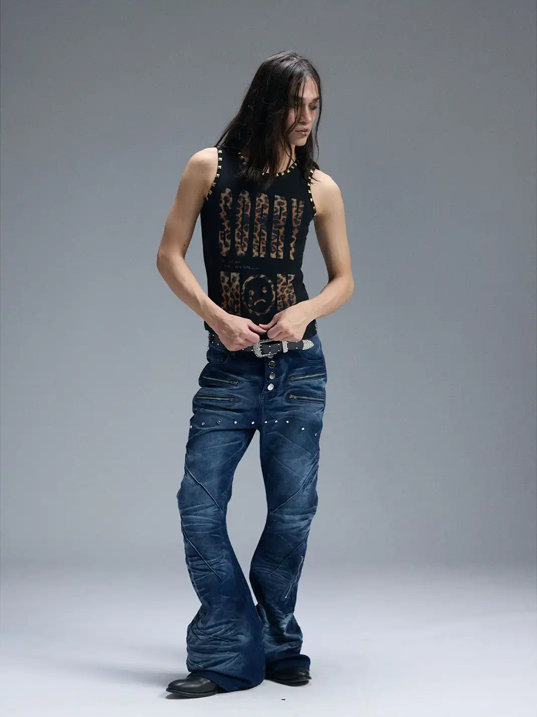 PAIKI | Leopard Print Letter Sleeveless Rivet Tank Top