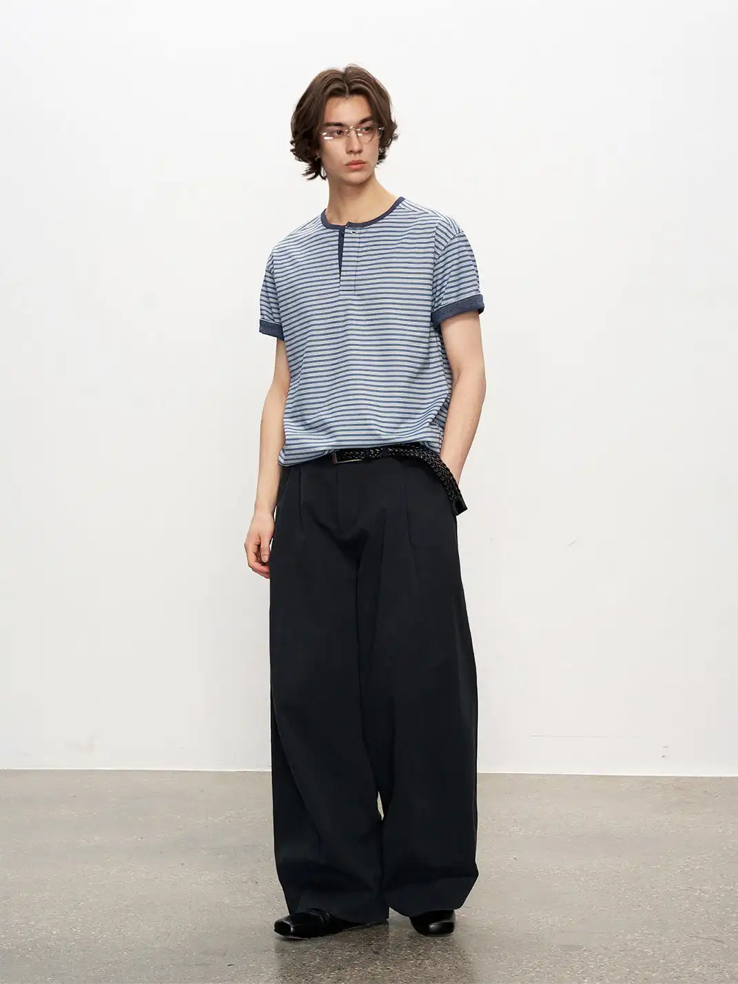 FLY OFF | Henley Collar Stripe Short Sleeve T-Shirt