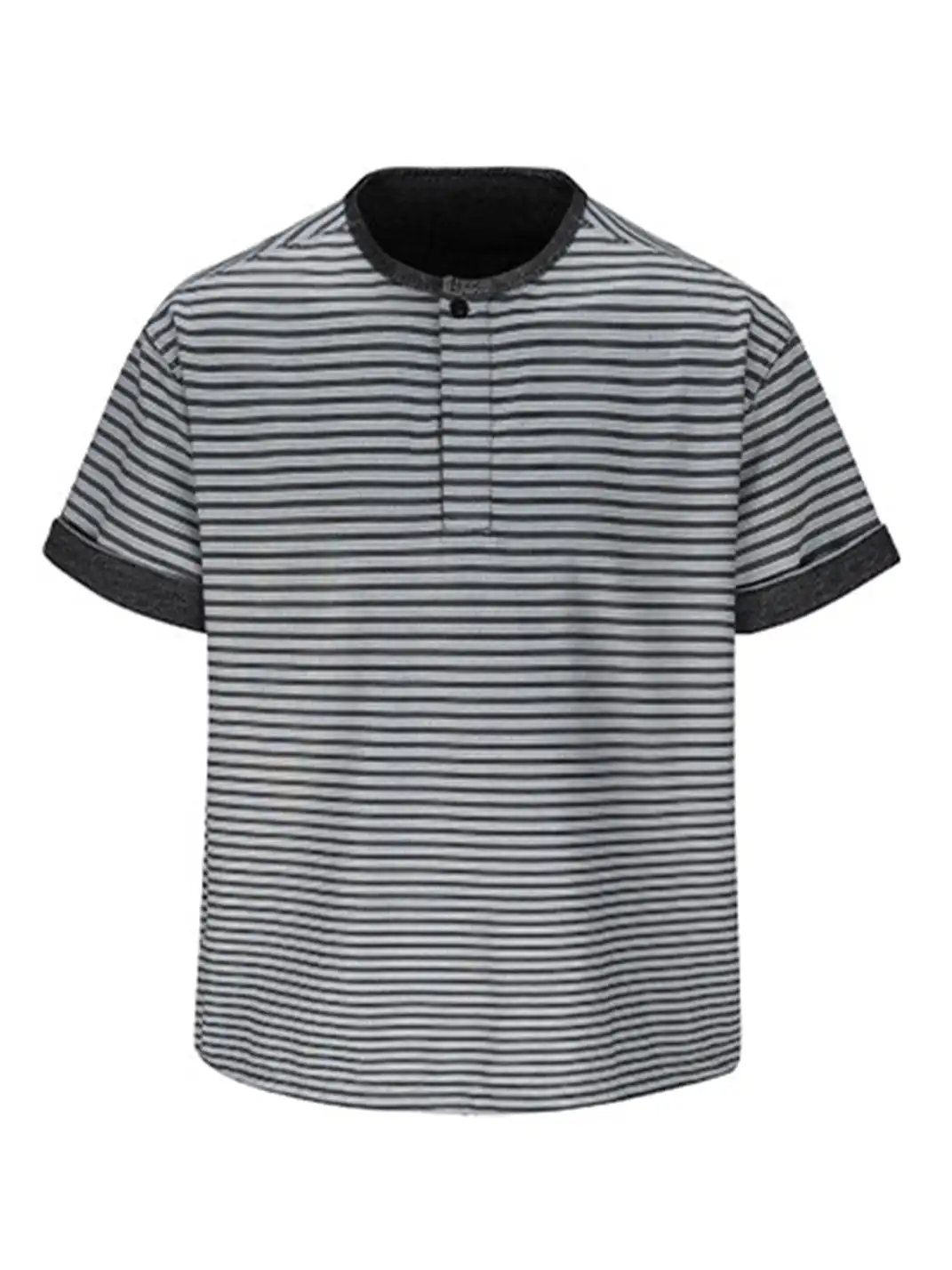 FLY OFF | Henley Collar Stripe Short Sleeve T-Shirt