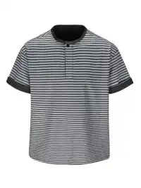 FLY OFF | Henley Collar Stripe Short Sleeve T-Shirt