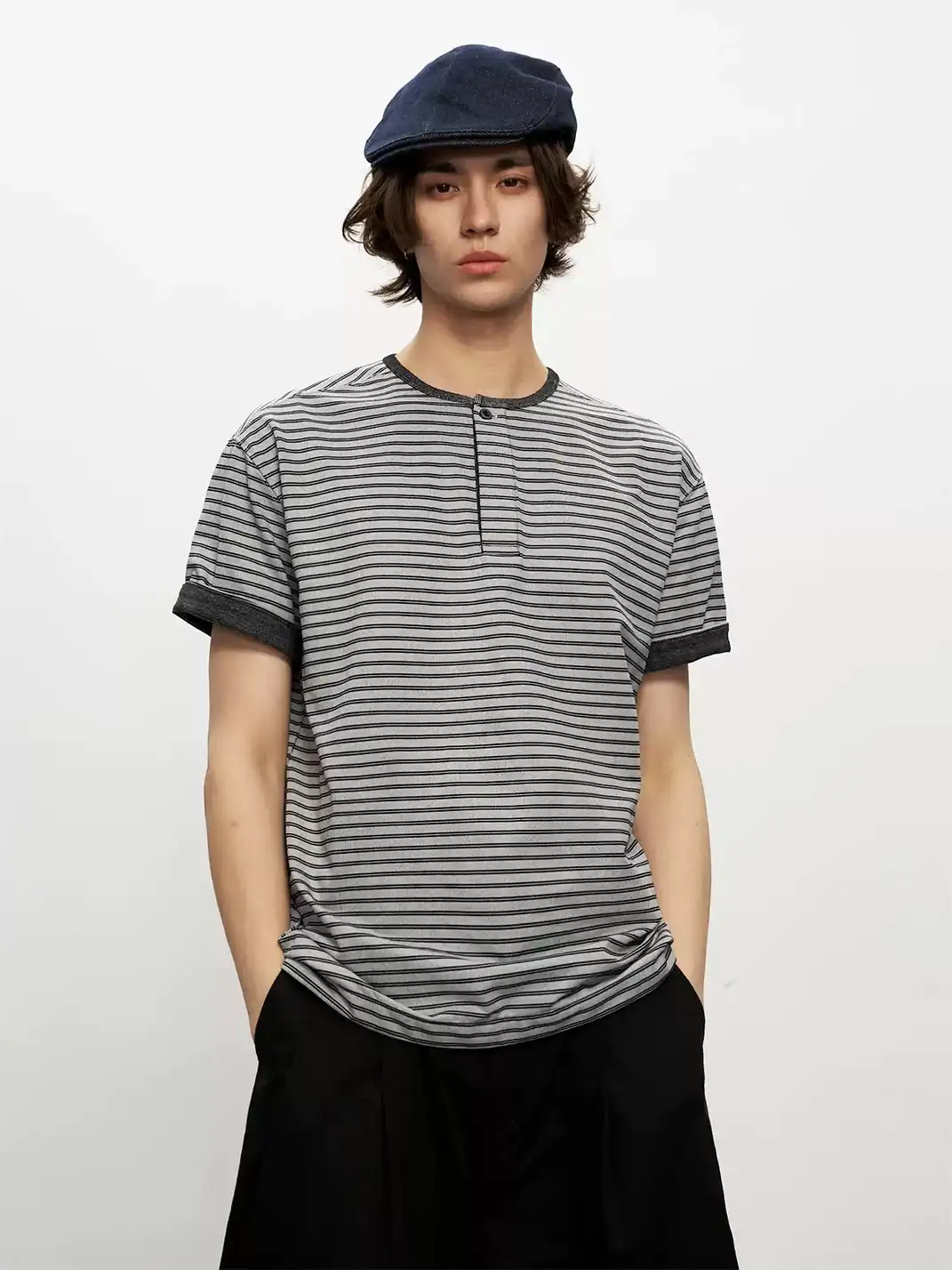 FLY OFF | Henley Collar Stripe Short Sleeve T-Shirt