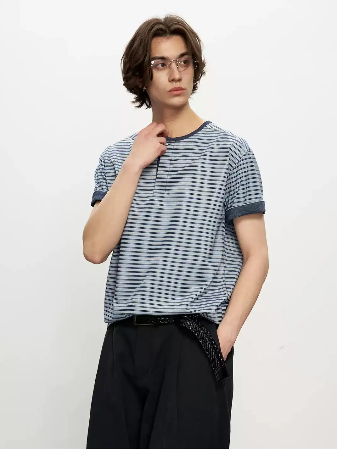 FLY OFF | Henley Collar Stripe Short Sleeve T-Shirt