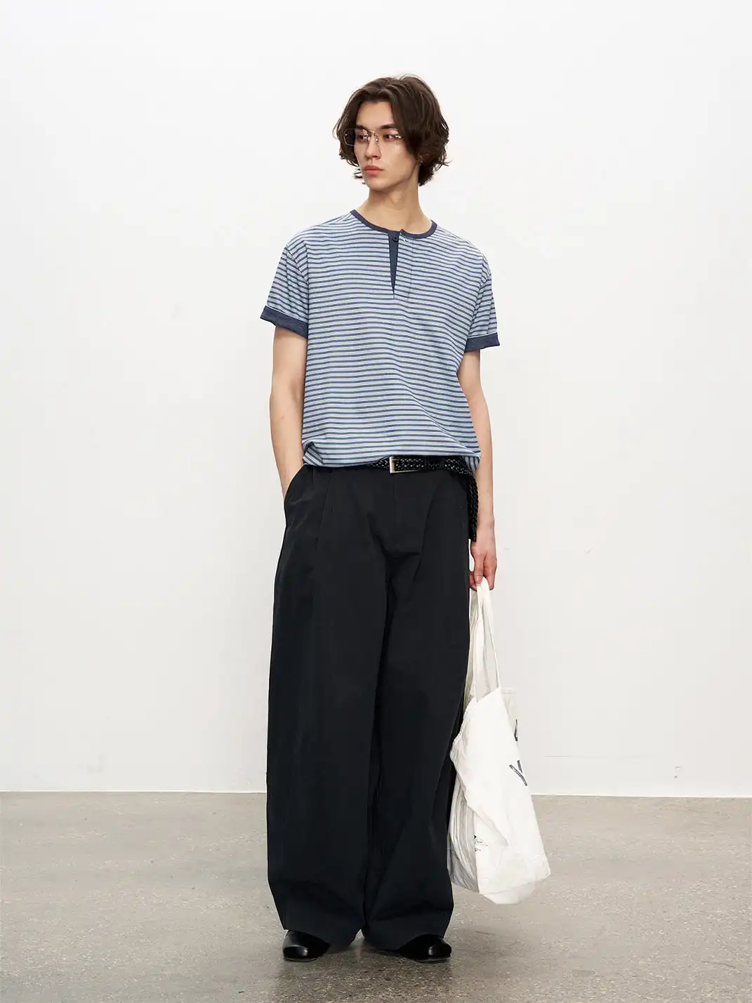 FLY OFF | Henley Collar Stripe Short Sleeve T-Shirt