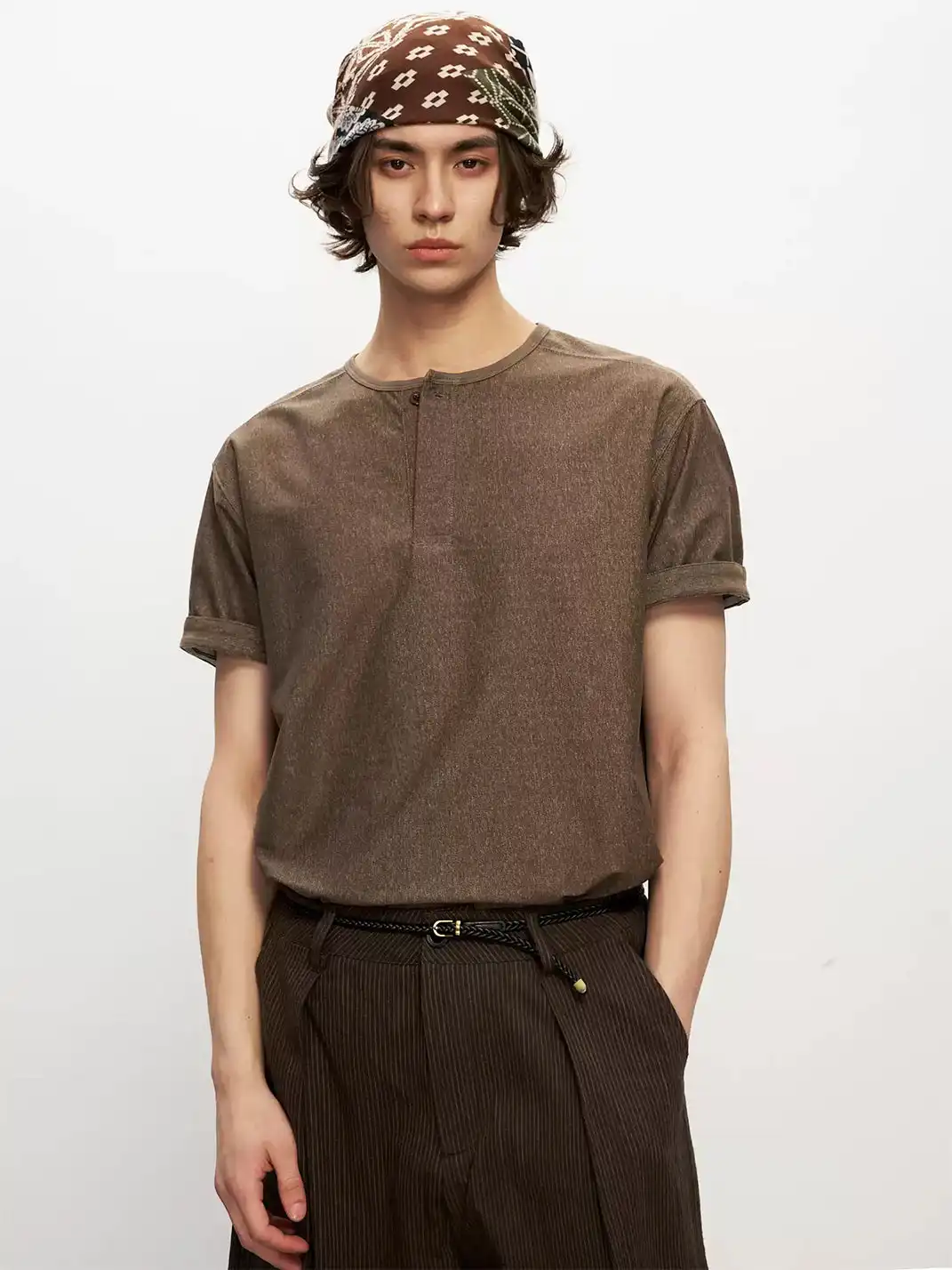 FLY OFF | Henley Collar Stripe Short Sleeve T-Shirt