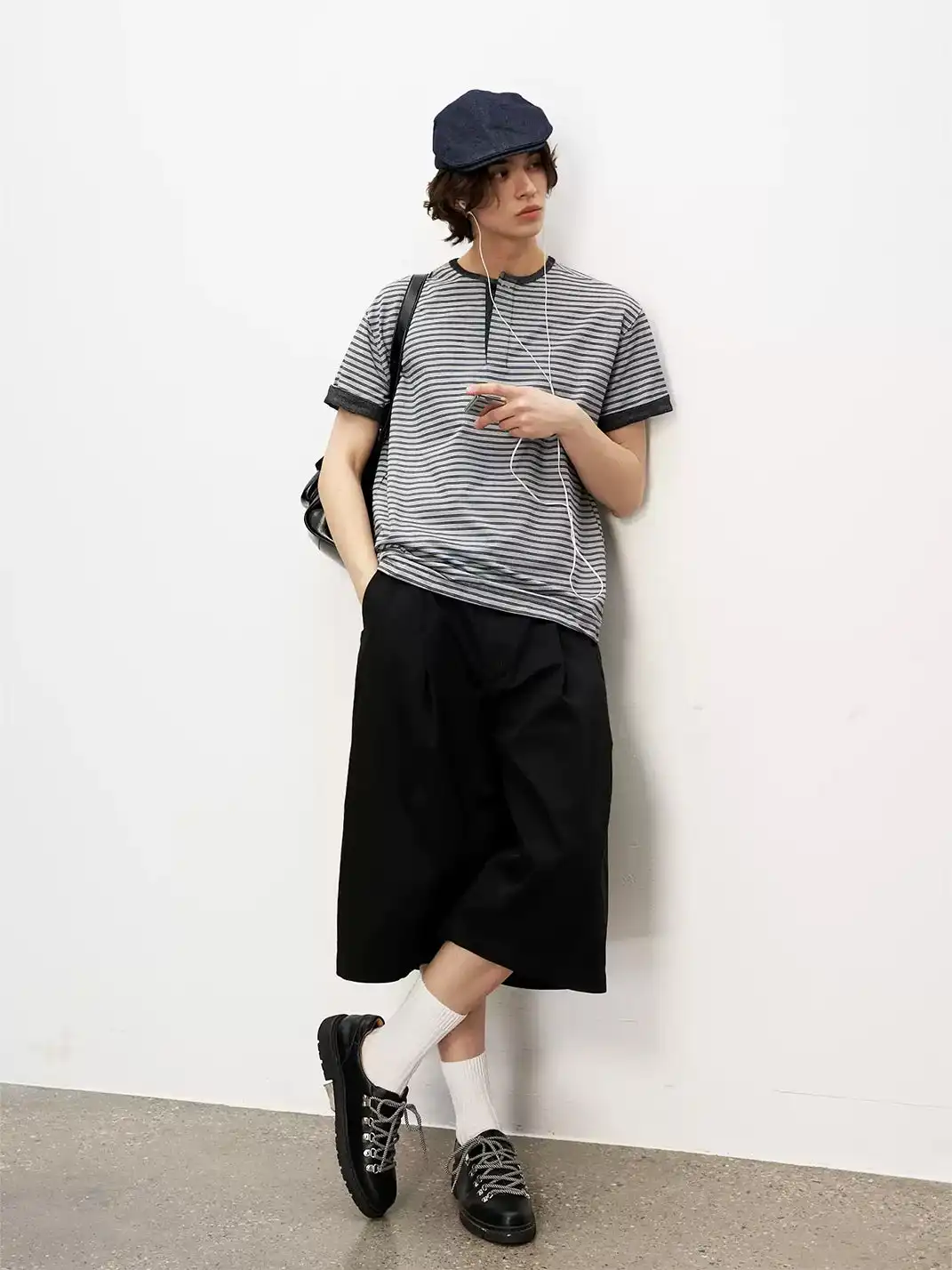 FLY OFF | Henley Collar Stripe Short Sleeve T-Shirt