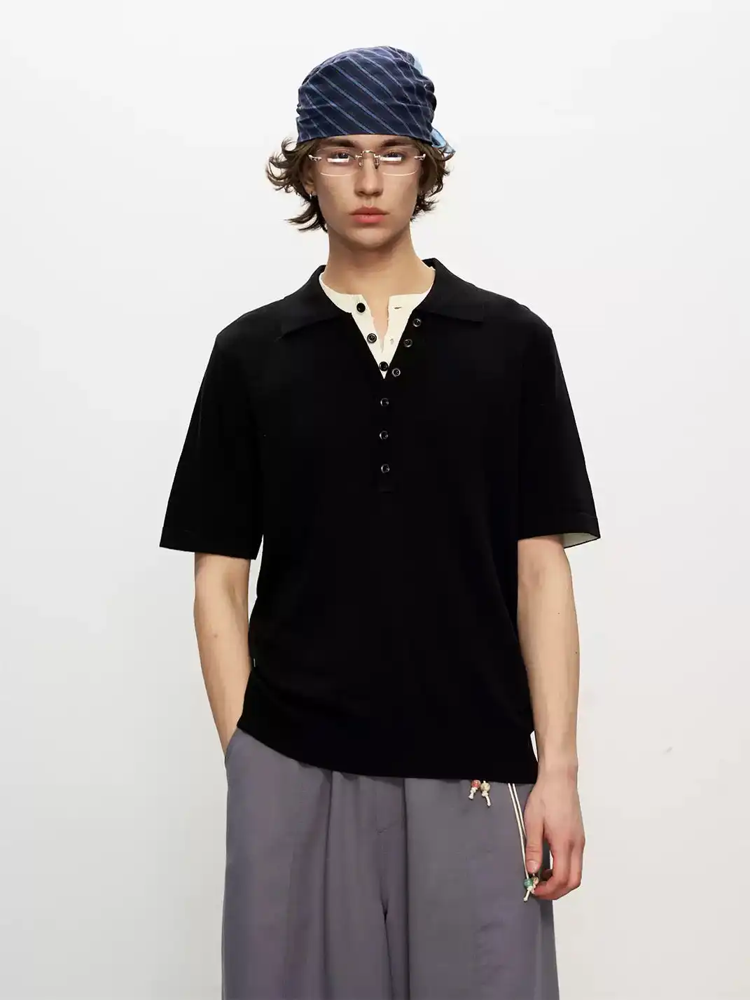 FLY OFF | Fake Two Piece Collared Linen T-Shirt