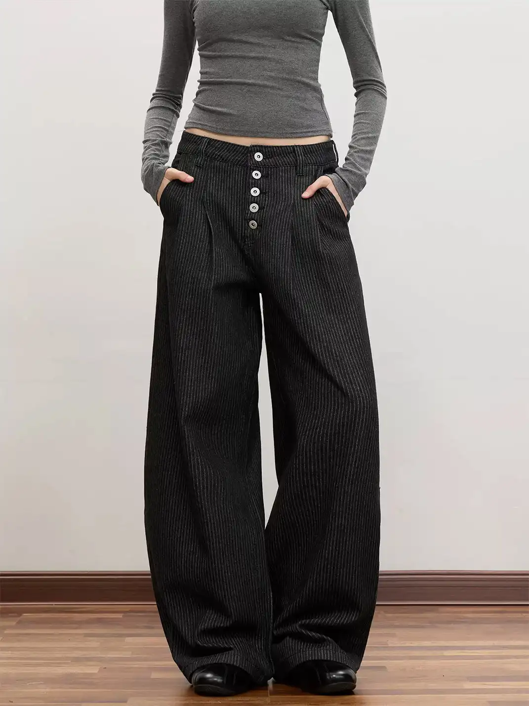 FLY OFF | Pleated Five Buttons Stripe Straight Leg Jeans