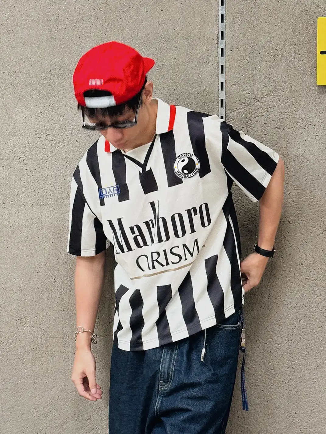 oarism | Stripe Collar Marlboro Print T-Shirt
