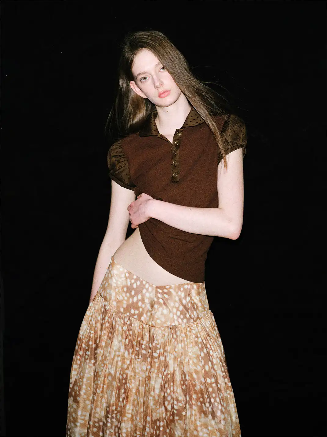 Short Wave | Jacquard Polka Dot Spliced Peter Pan Collar T-Shirt