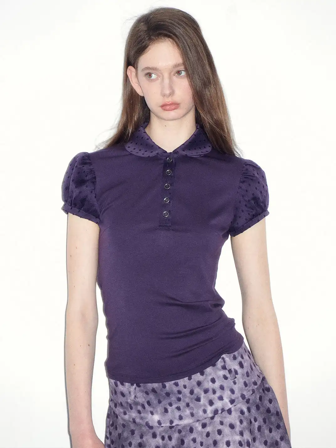 Short Wave | Jacquard Polka Dot Spliced Peter Pan Collar T-Shirt