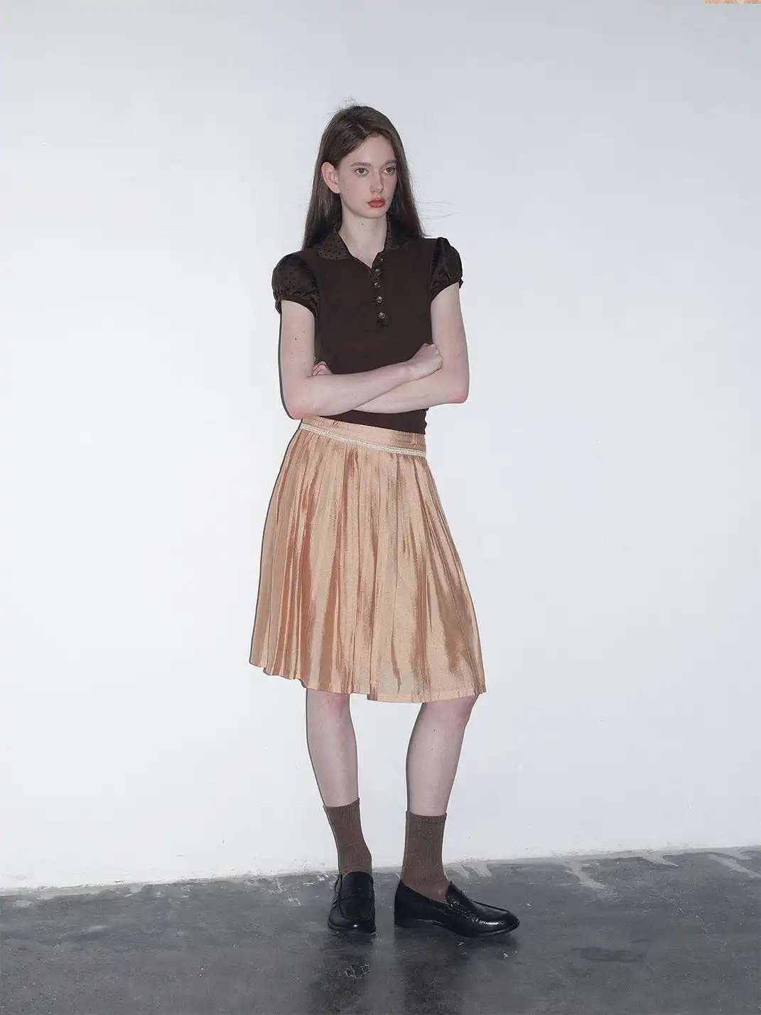 Short Wave | Jacquard Polka Dot Spliced Peter Pan Collar T-Shirt