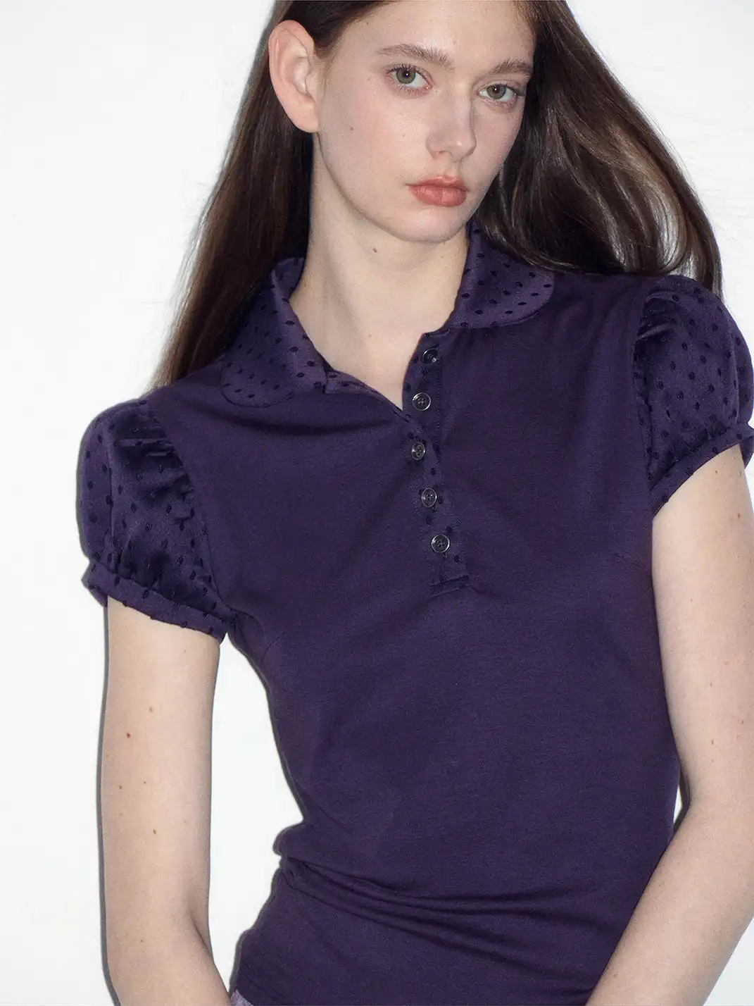 Short Wave | Jacquard Polka Dot Spliced Peter Pan Collar T-Shirt