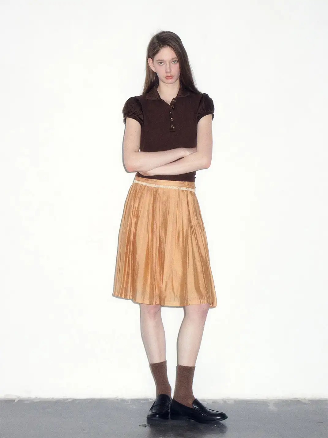 Short Wave | Jacquard Polka Dot Spliced Peter Pan Collar T-Shirt