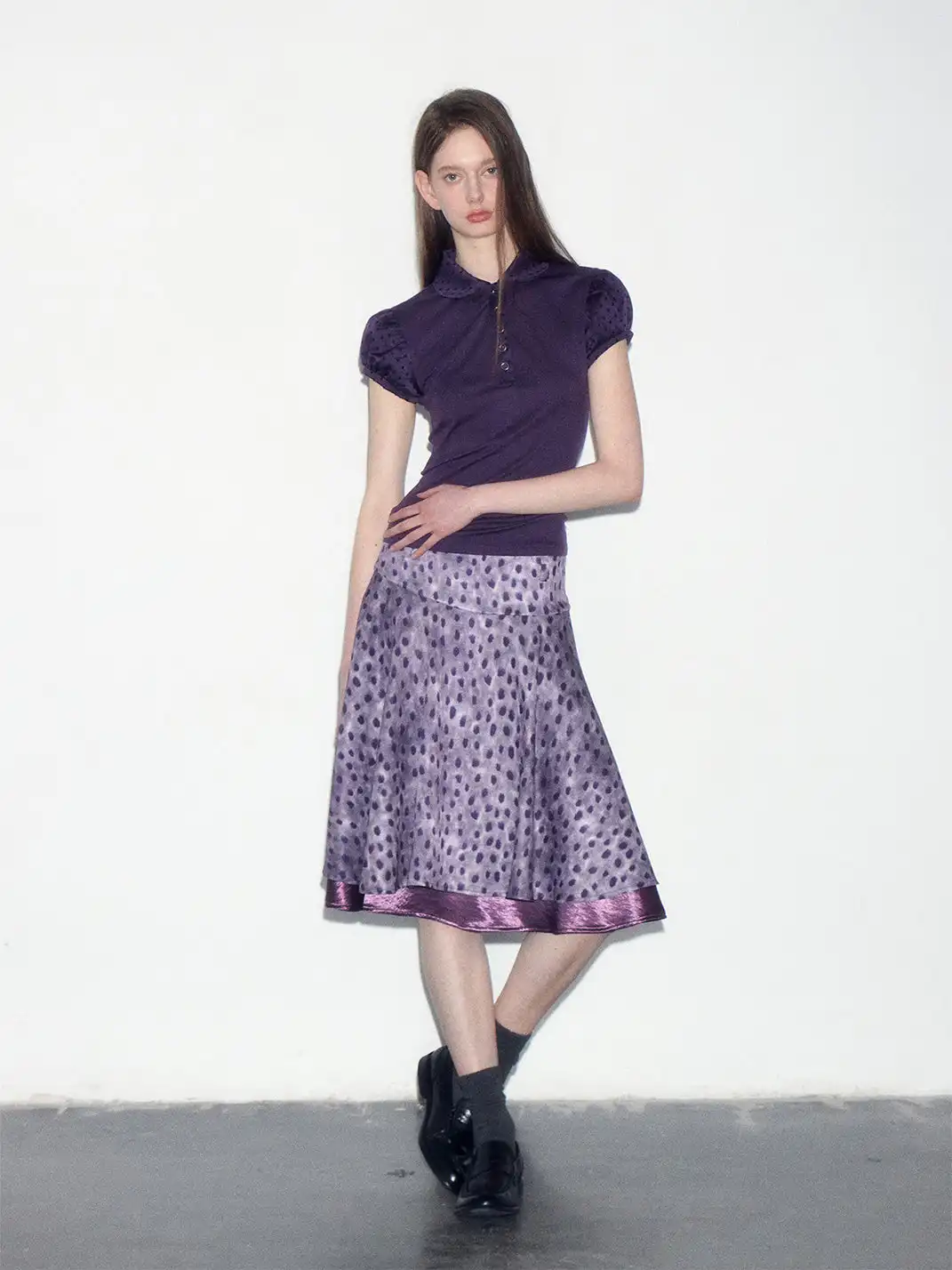Short Wave | Jacquard Polka Dot Spliced Peter Pan Collar T-Shirt