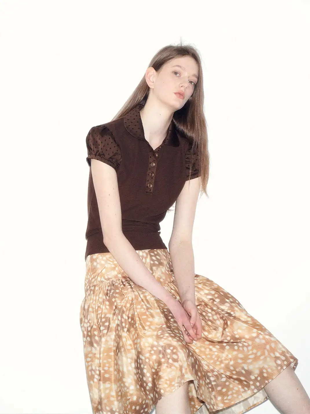 Short Wave | Jacquard Polka Dot Spliced Peter Pan Collar T-Shirt