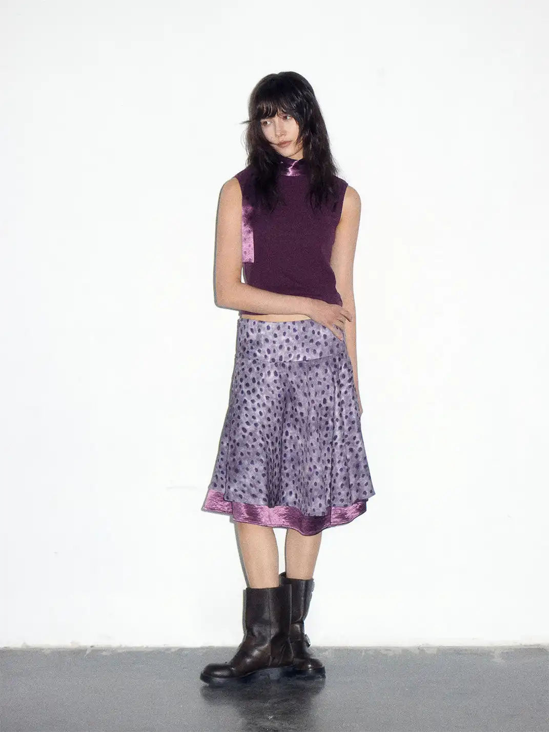 Short Wave | Double-Layer Satin Spliced Polka Dot Midi Skirt