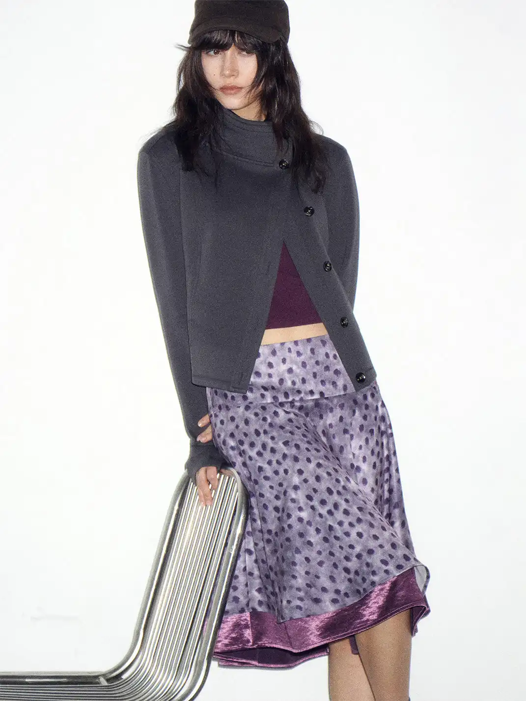 Short Wave | Double-Layer Satin Spliced Polka Dot Midi Skirt