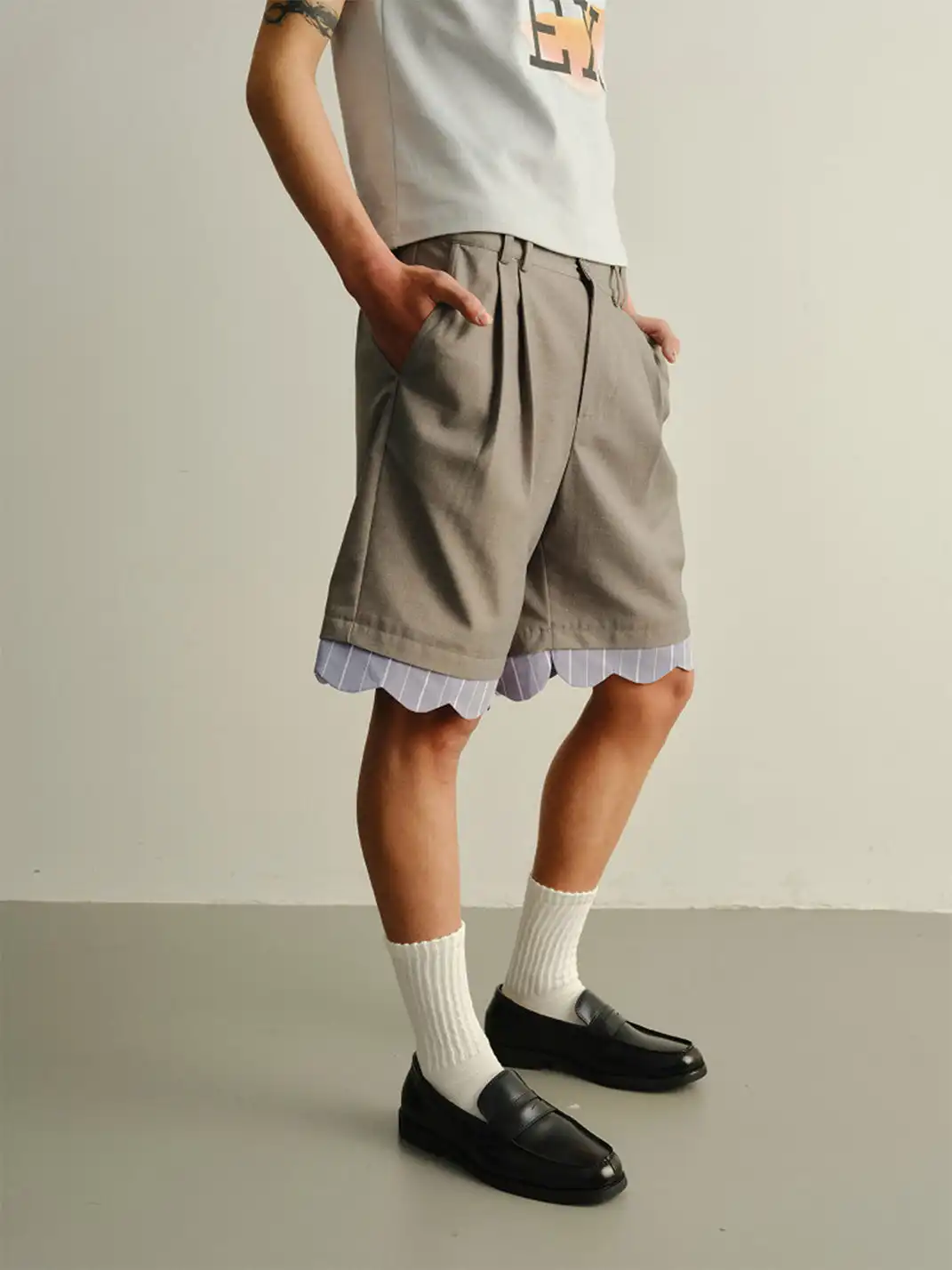 KADAKADA | Fake Two-Piece Stripe Lace Spliced Shorts
