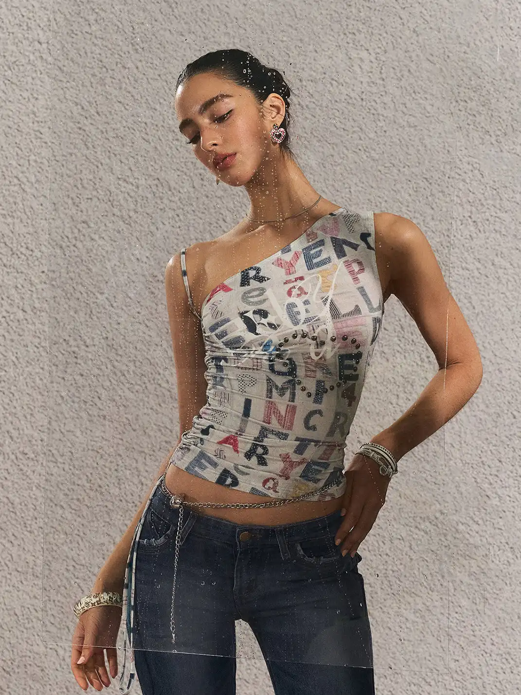 The NeverMore | Poster Print One-Shoulder Cinched Waist Tank Top