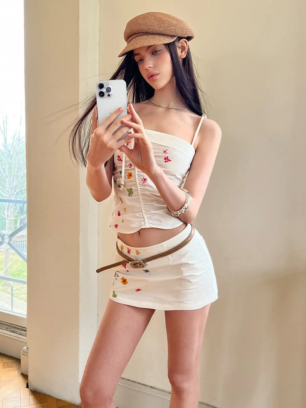 The NeverMore | Small Floral Embroidery Cami Top & Midi Skirt Two-Piece Set