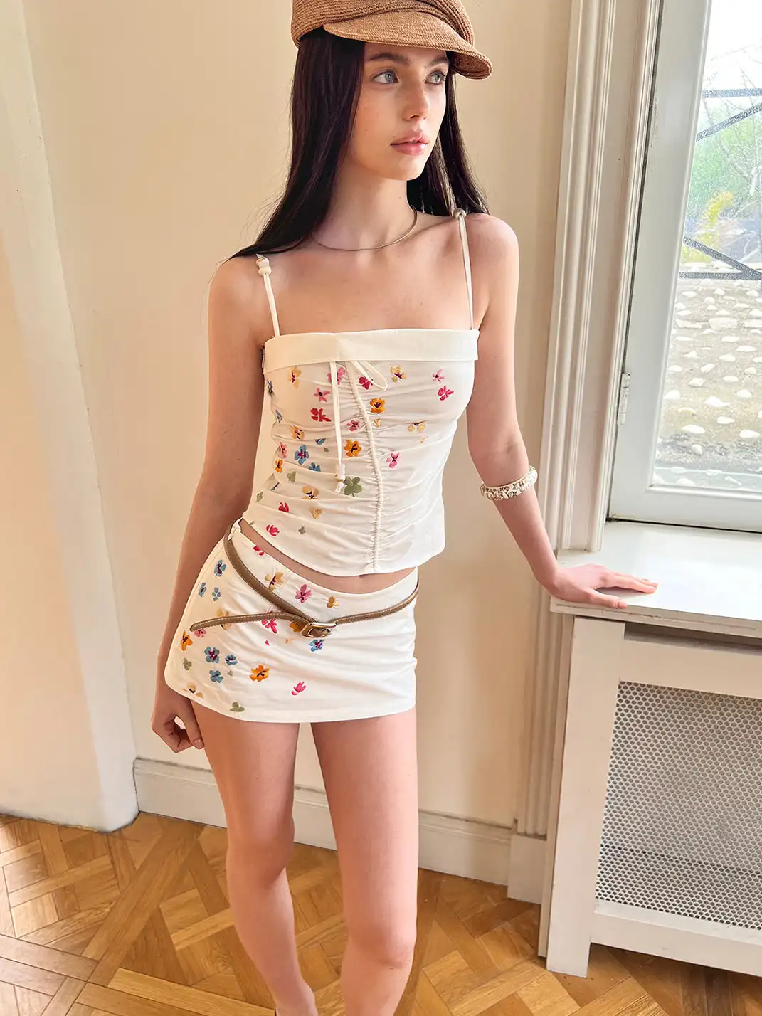 The NeverMore | Small Floral Embroidery Cami Top & Midi Skirt Two-Piece Set