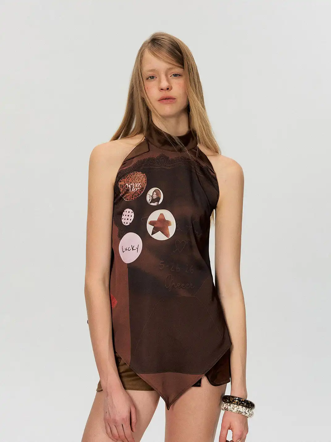 The NeverMore | Vintage Satin Cut-Out Shoulder Halter Tank Top