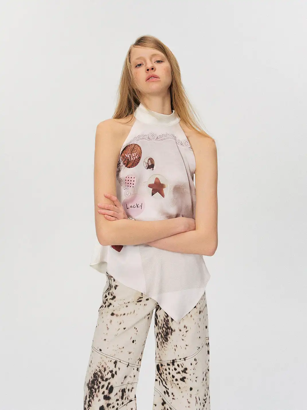 The NeverMore | Vintage Satin Cut-Out Shoulder Halter Tank Top