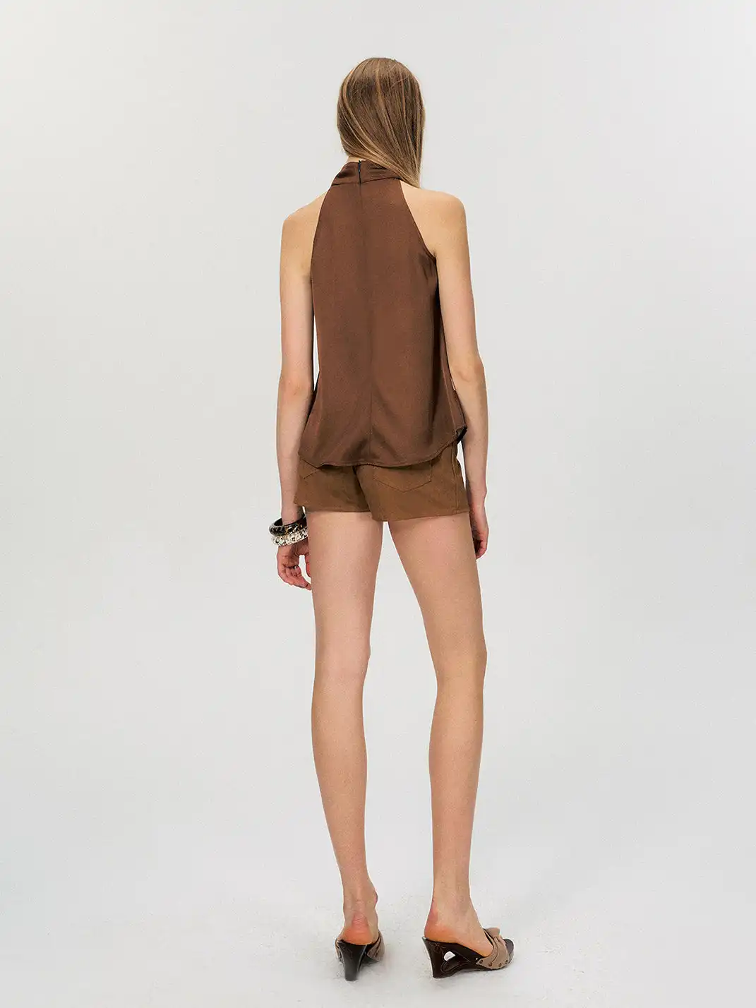 The NeverMore | Vintage Satin Cut-Out Shoulder Halter Tank Top