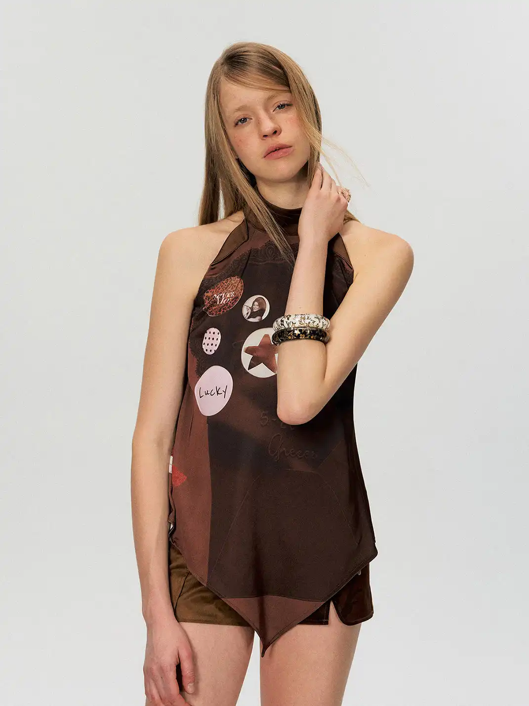 The NeverMore | Vintage Satin Cut-Out Shoulder Halter Tank Top