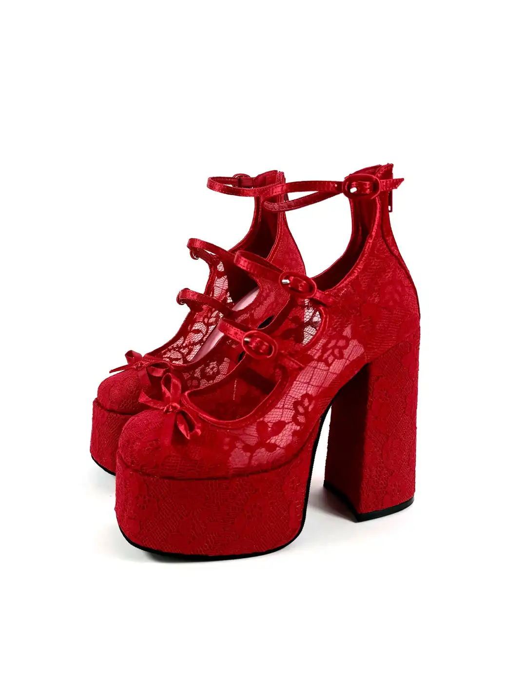 Dolly Bae | Red Lace Platform Buckle Heels