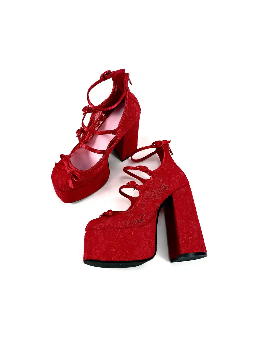 Dolly Bae | Red Lace Platform Buckle Heels