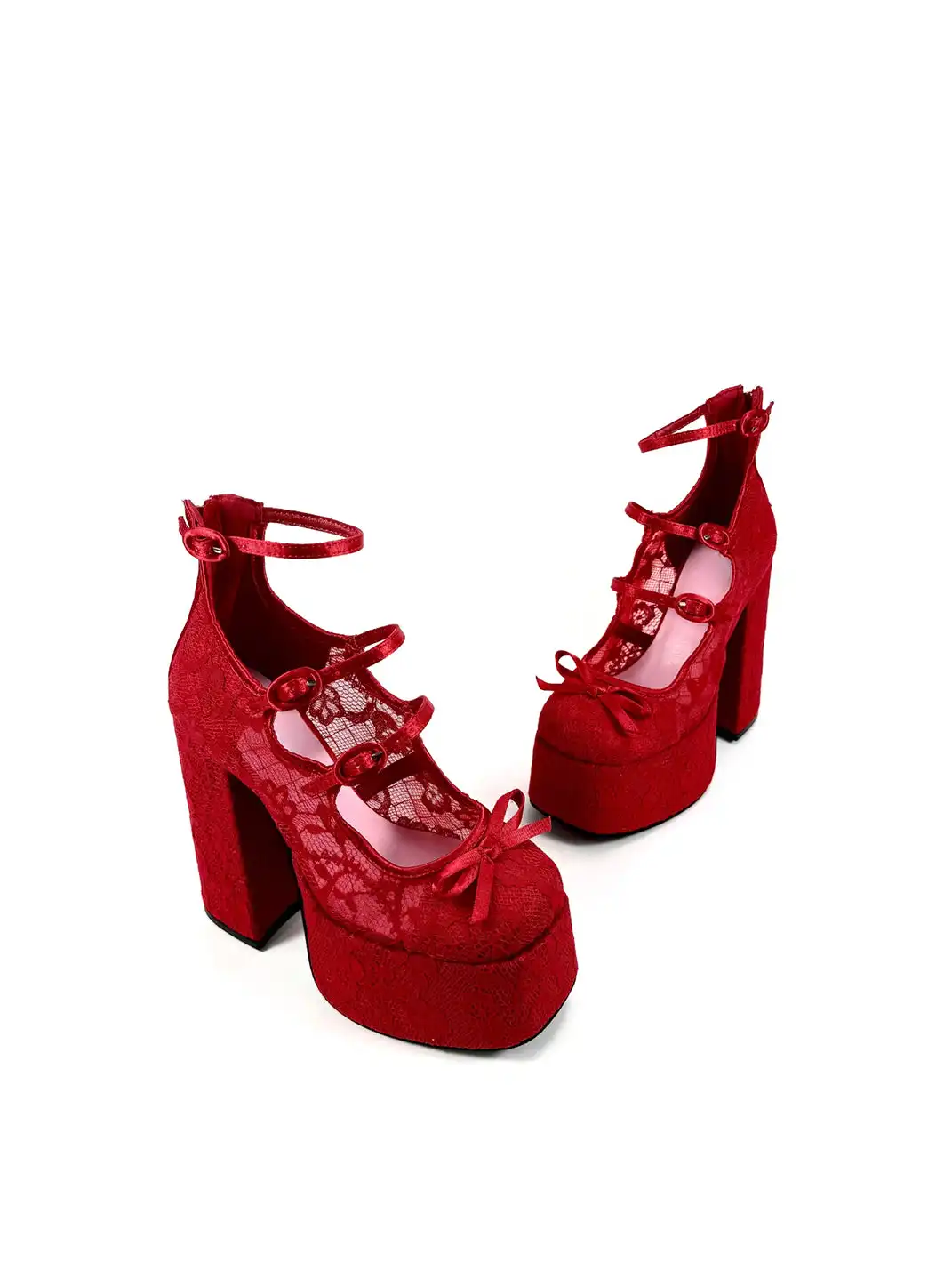 Dolly Bae | Red Lace Platform Buckle Heels