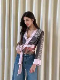 CAPPOW | Contrast Color Ethnic Print Tie Chiffon Blouse