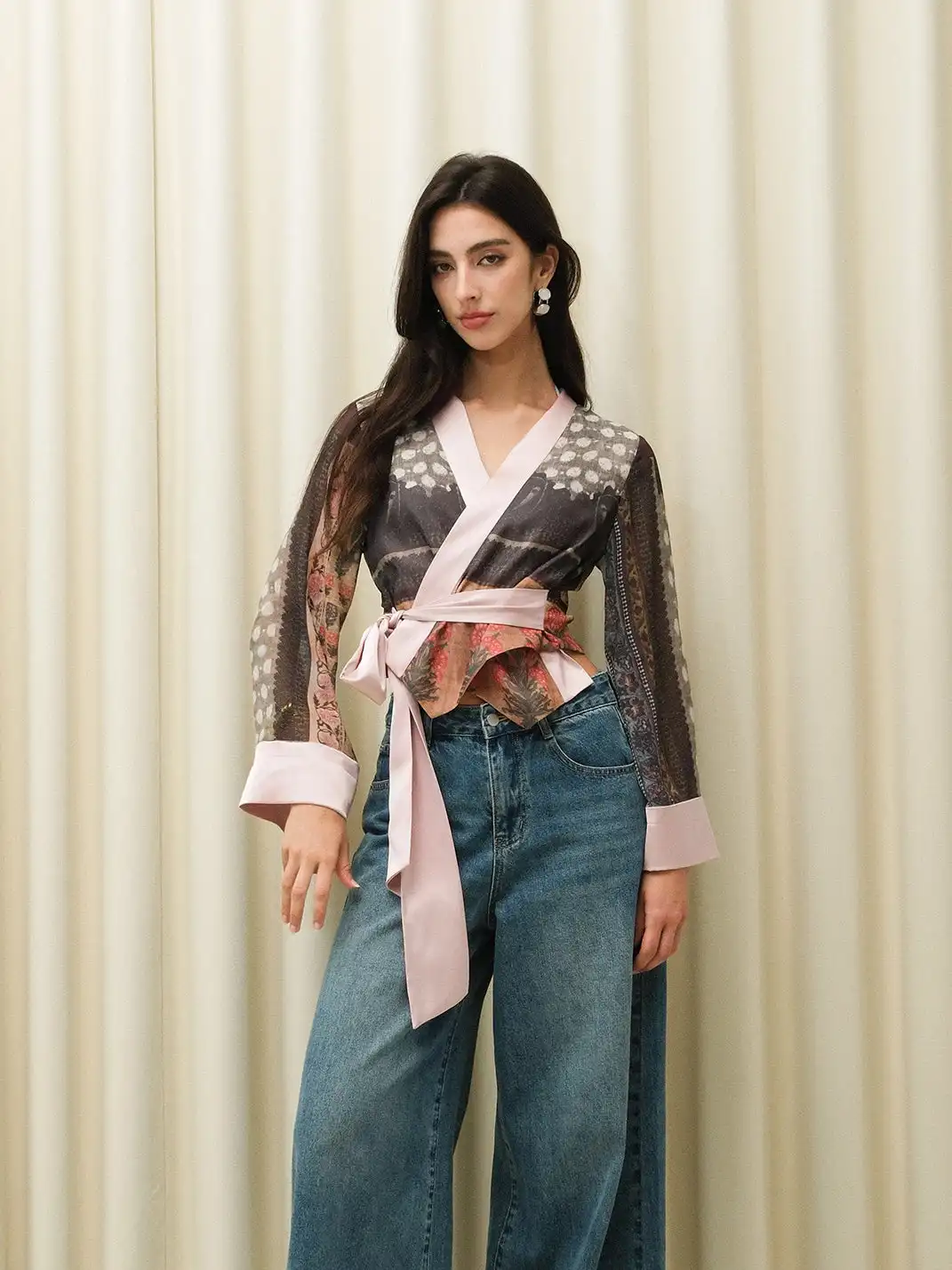 CAPPOW | Contrast Color Ethnic Print Tie Chiffon Blouse