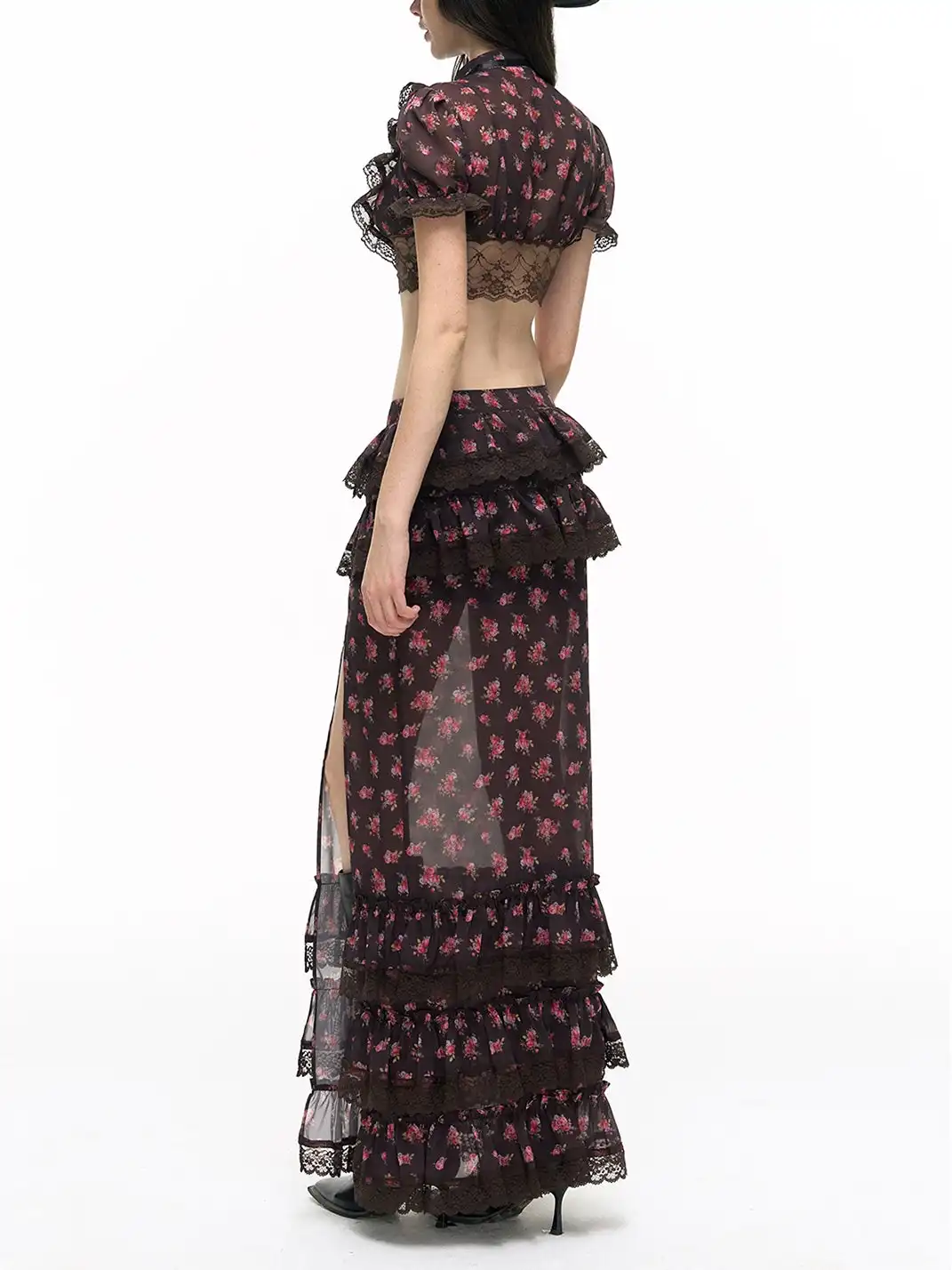 HiimDai | Lace Spliced Floral Crop Top & Skirt Two-Piece Set